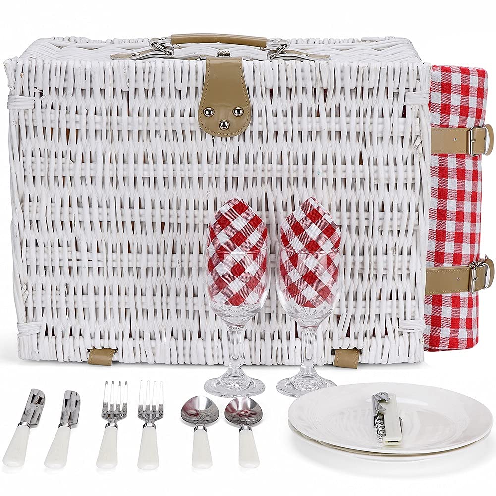 Romantic Wicker Picnic Basket for 2 Persons, Special White Washed