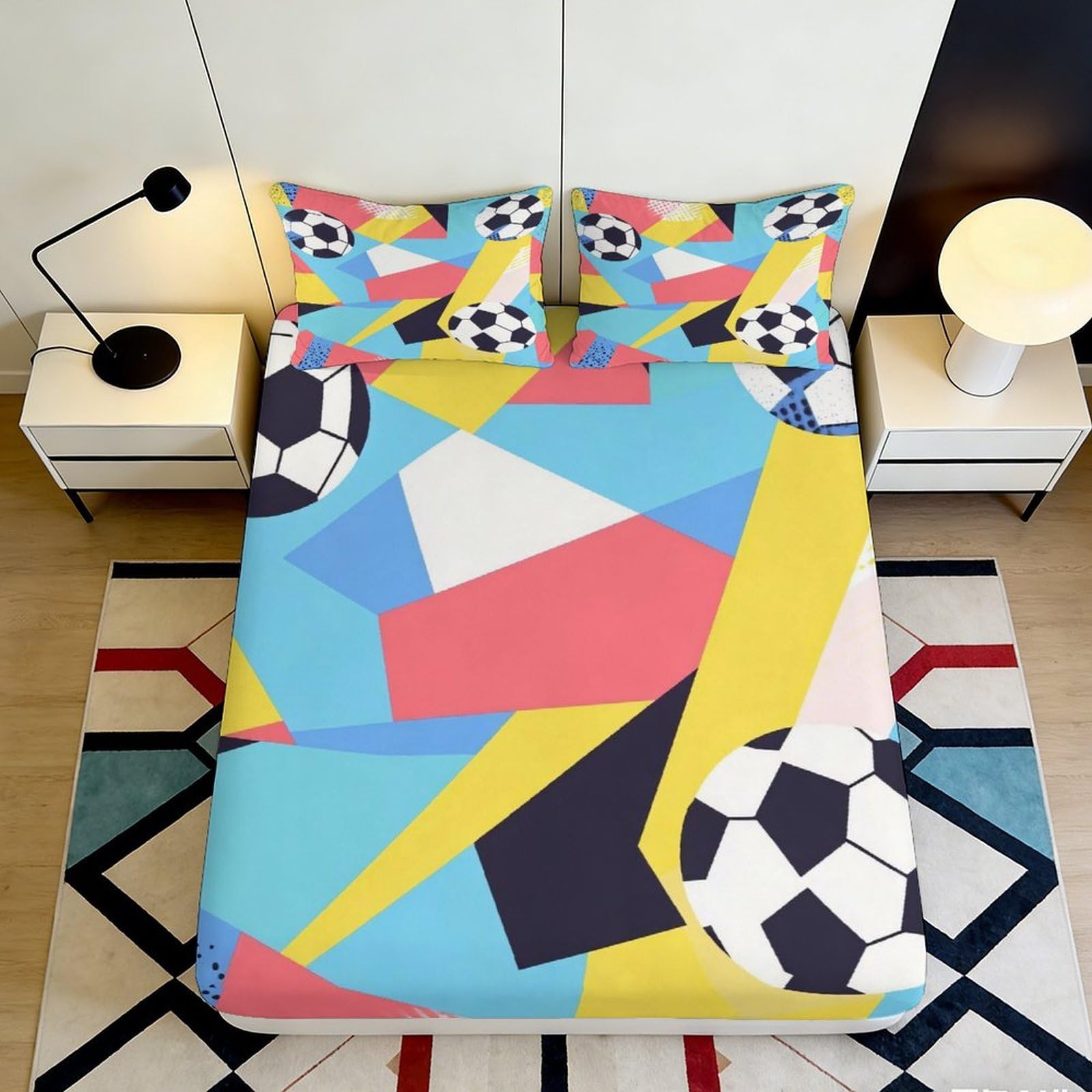 3D Printed Colorful Geometric Fitted Sheet Microfiber Soft Soccer Ball Bed Cover for Bedroom Guest Room Decor 90x200x25cm