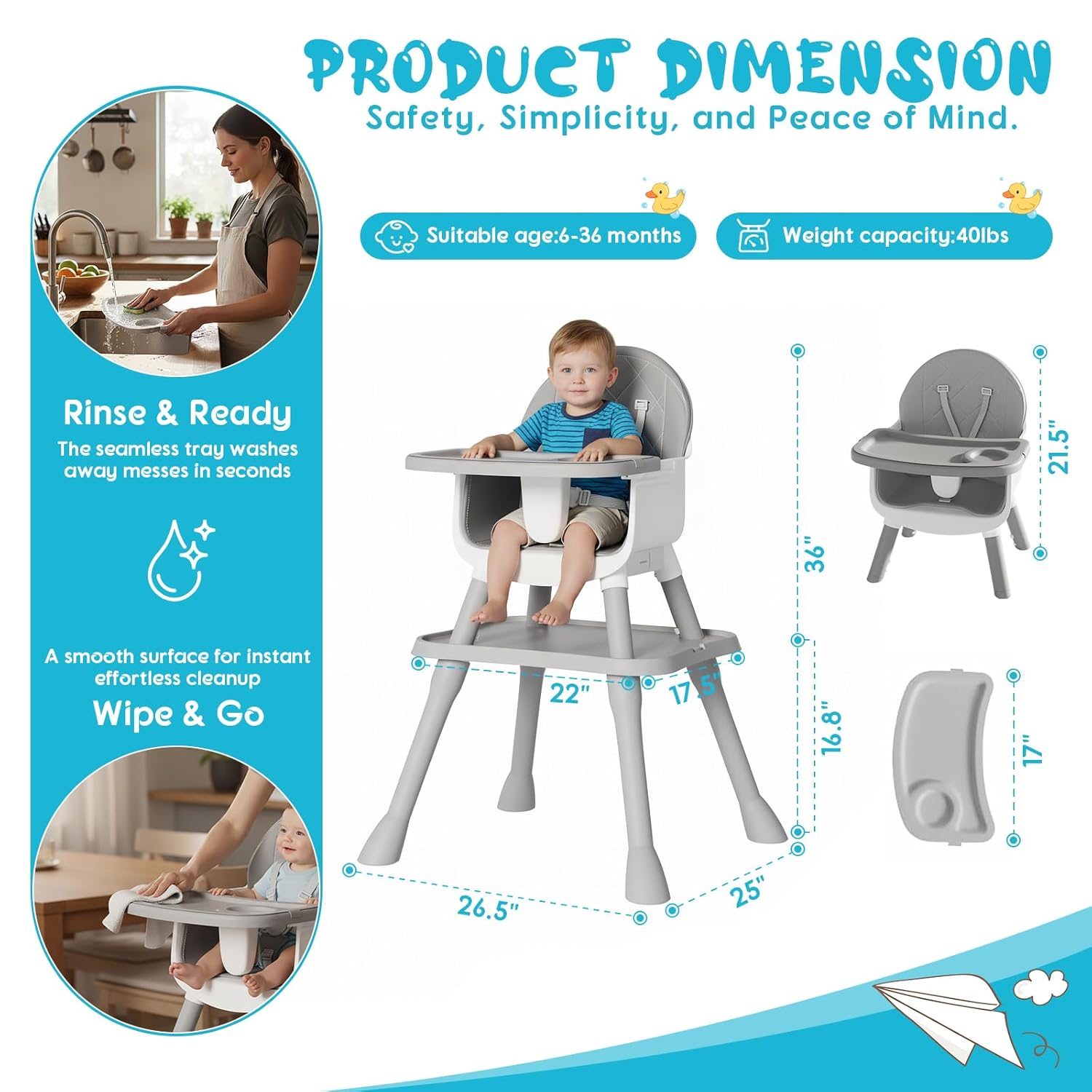 6 in 1 Baby High Chair, Convertible Highchair for Babies and Toddlers (Grey)