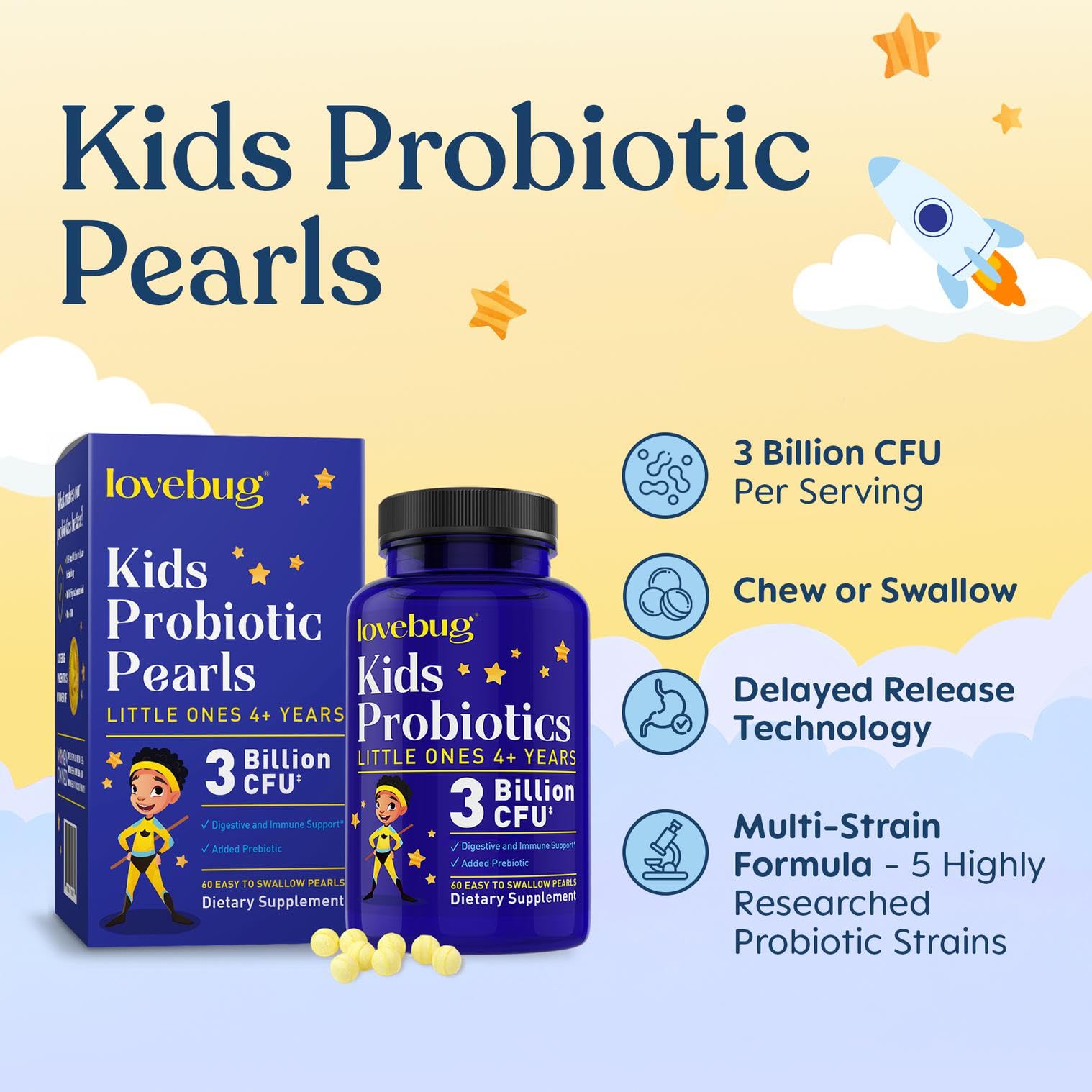 Lovebug Kids Probiotic Pearls, Sugar-Free Chewable, Ages 4 Plus, 60 Count — Amazon image 2