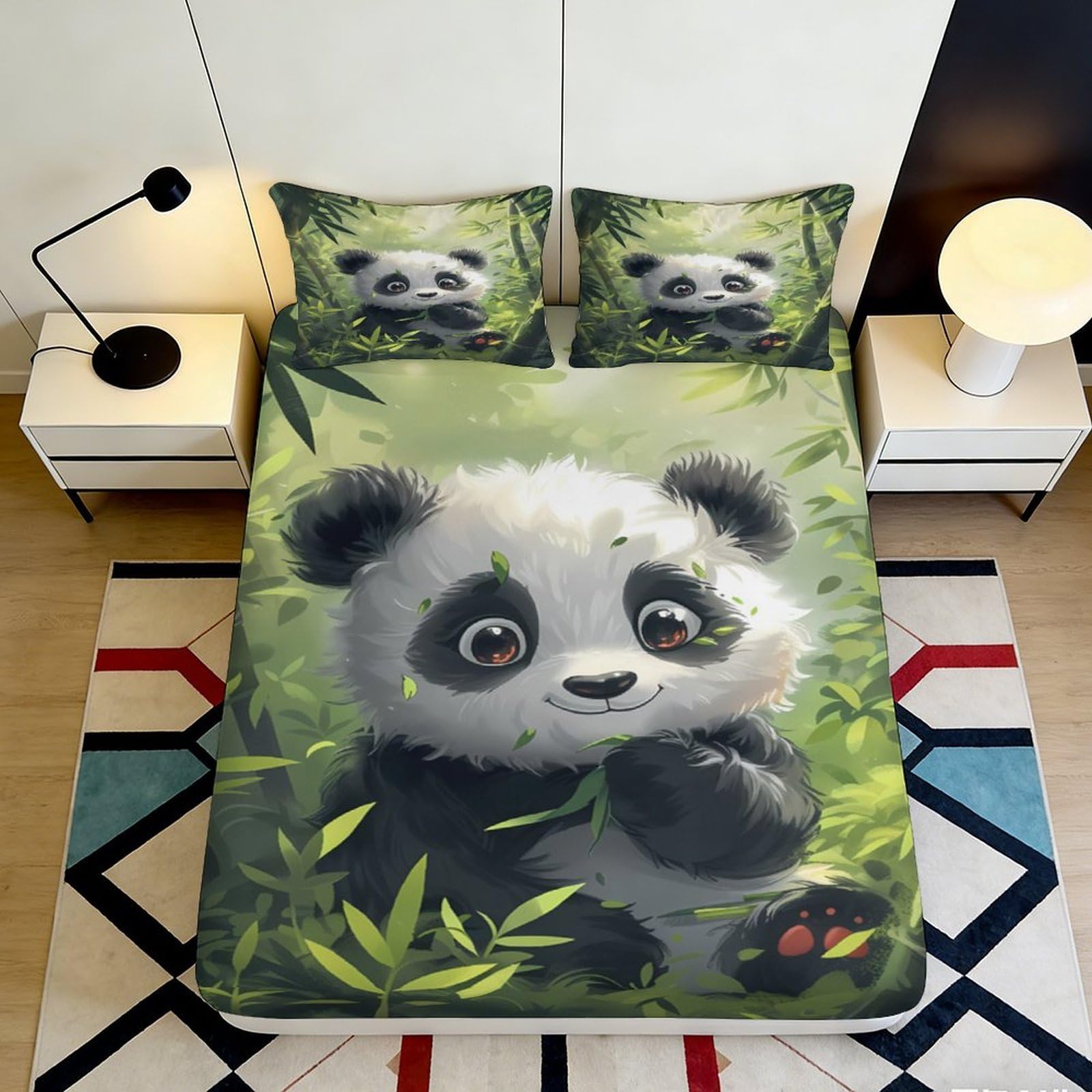 3D Printed Panda Fitted Sheet Microfiber Soft Breathable Bamboo Leaves Bed Cover for Bedroom Dormitory Guest Room Mattress Protection Decor 160x200x25cm