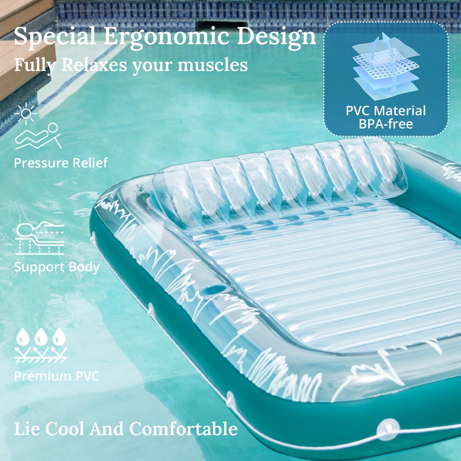 2025 Upgrade 73"*46" Inflatable Tanning Pool Lounger Float for Adults - Blow up Pool & Lake floaties Sunbathing Tub with Pillow and Drink Holders for Backyard Beach Summer Water Party