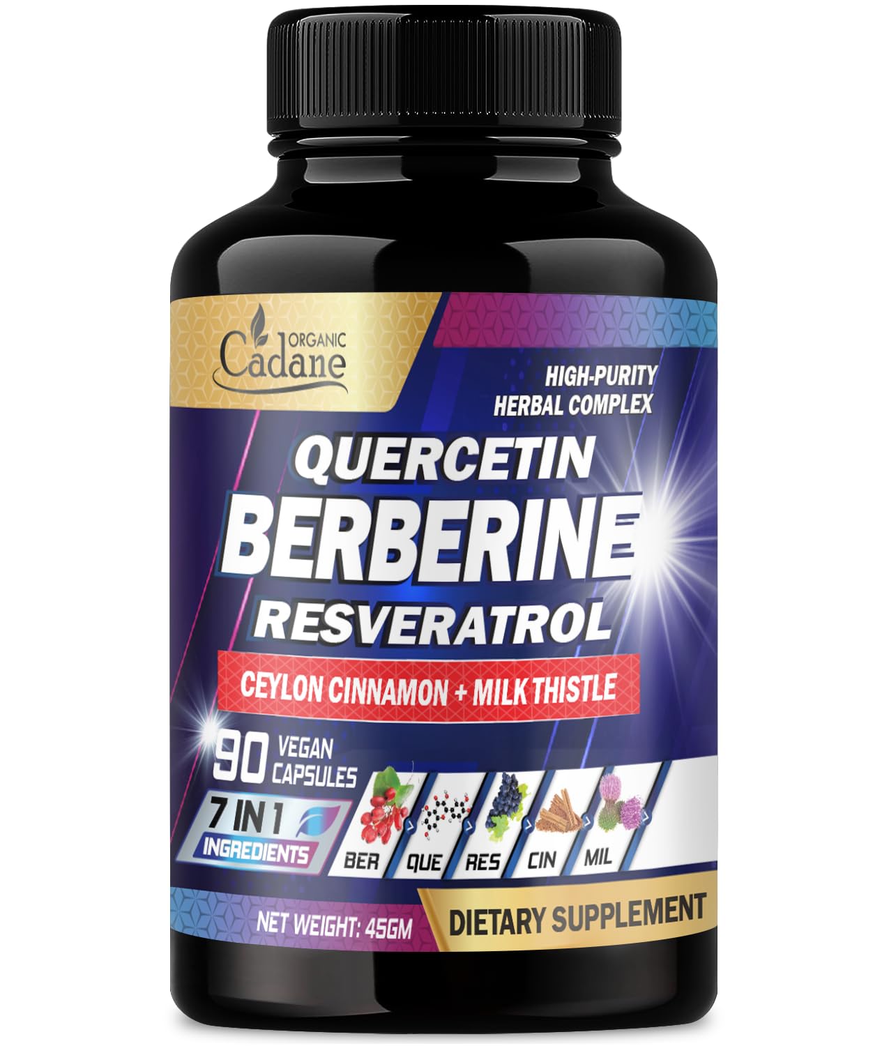 Supplément berbérique bio de Cadane 7in1 avec Quercetin, Ceylan Cinnamon, Resvératrol, Thistle de lait, Graines de raisin et Poivre noir - 90 capsules pour 3 mois d'approvisionnement - Immunity Health Support