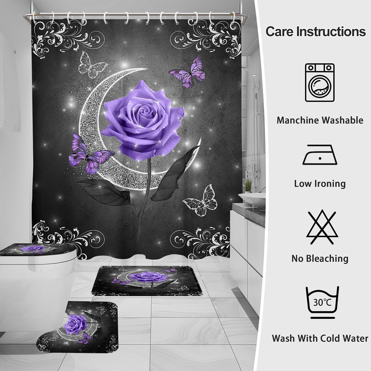 Purple Black Shower Curtain Bathroom Sets Lavender Grey Gray Cute Elegant Floral Flower Dark Gothic Goth Rose Moon Butterfly 60"x72" Non-Slip Rugs Toilet Lid Cover U Shaped Mat Fabric 4 Pcs
