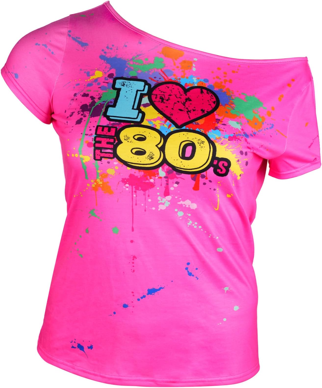 Geyoga80s Outfit for Women Plus Size I Love The 80's Costumes 80s Off Shoulder T-Shirt Tops Neon Clothes Oversized