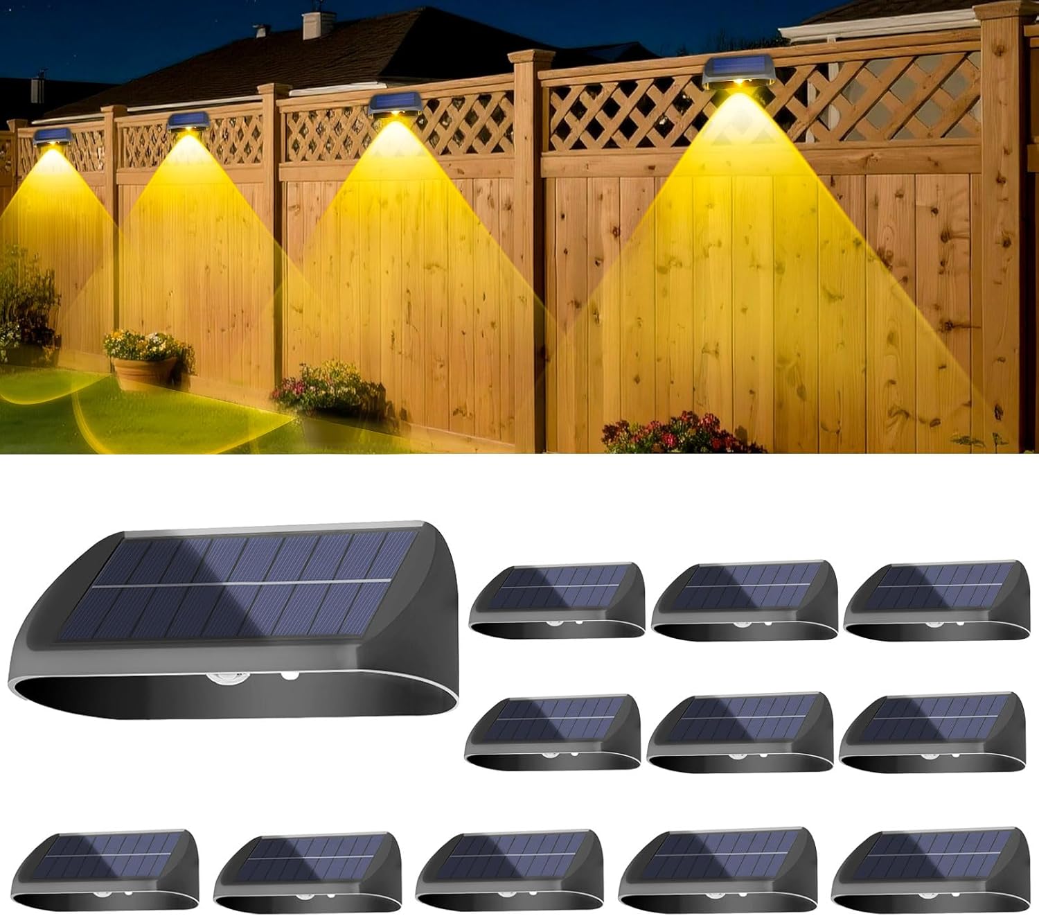EGOBOO Solar Fence Lights 12 Pack, Backyard Solar Lights Outdoor Waterproof, Dusk to Dawn Auto Lighting Mounted for Outdoor Wall Decor/Deck/Railing/Step/Patio/Pool Porch