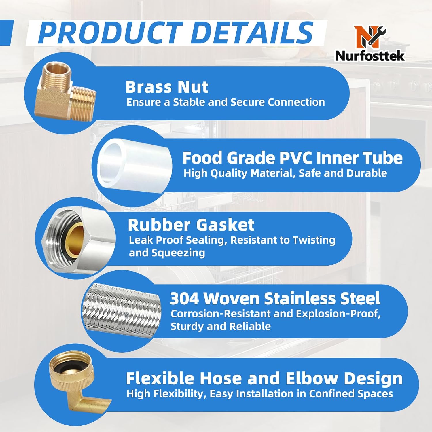 6FT Dishwasher Water Supply Line Kit, 304 Braided Stainless Steel Hose with Food-Grade PVC Core, 90° Elbow & GHT Adapter, 3/8" Comp Connector, Compatible with Samsung, GE, Whirlpool