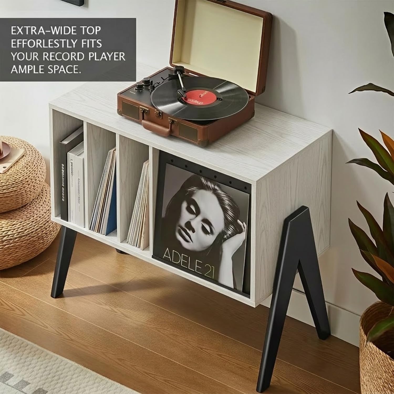 Record Player Stand with Vinyl Storage, 32" Turntable Stand with Flip-Up Album Display, Mid Century Modern White Vinyl Record Storage Cabinet, Audio Media Console Table with V-Shape Legs