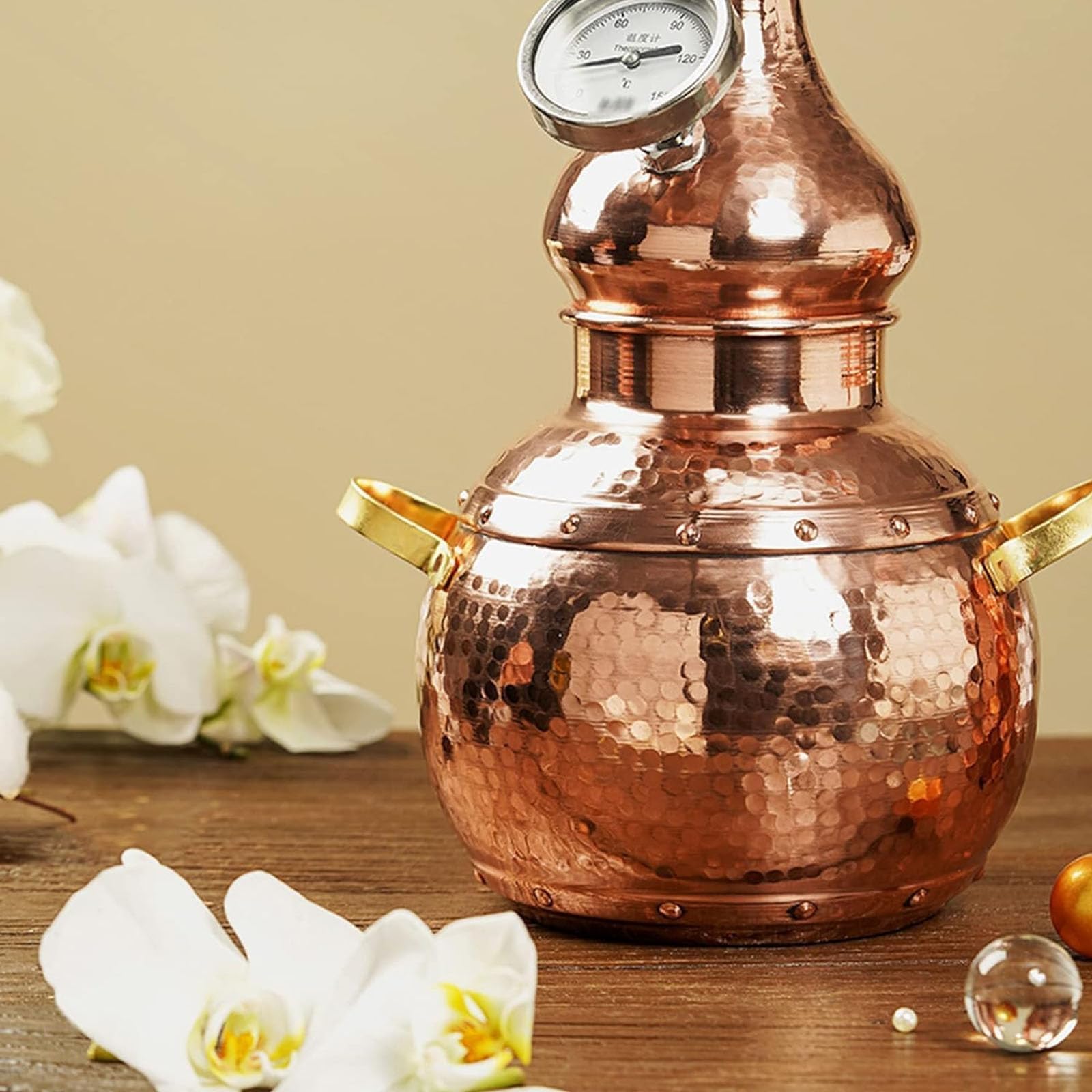 Kit de alambique de cobre puro, cobre Moonshine Still, destilador de hogar de 3 litros con termómetro, parte inferior de estufa de inducción, hermosa artesanía, métodos de calefacción de tubo de