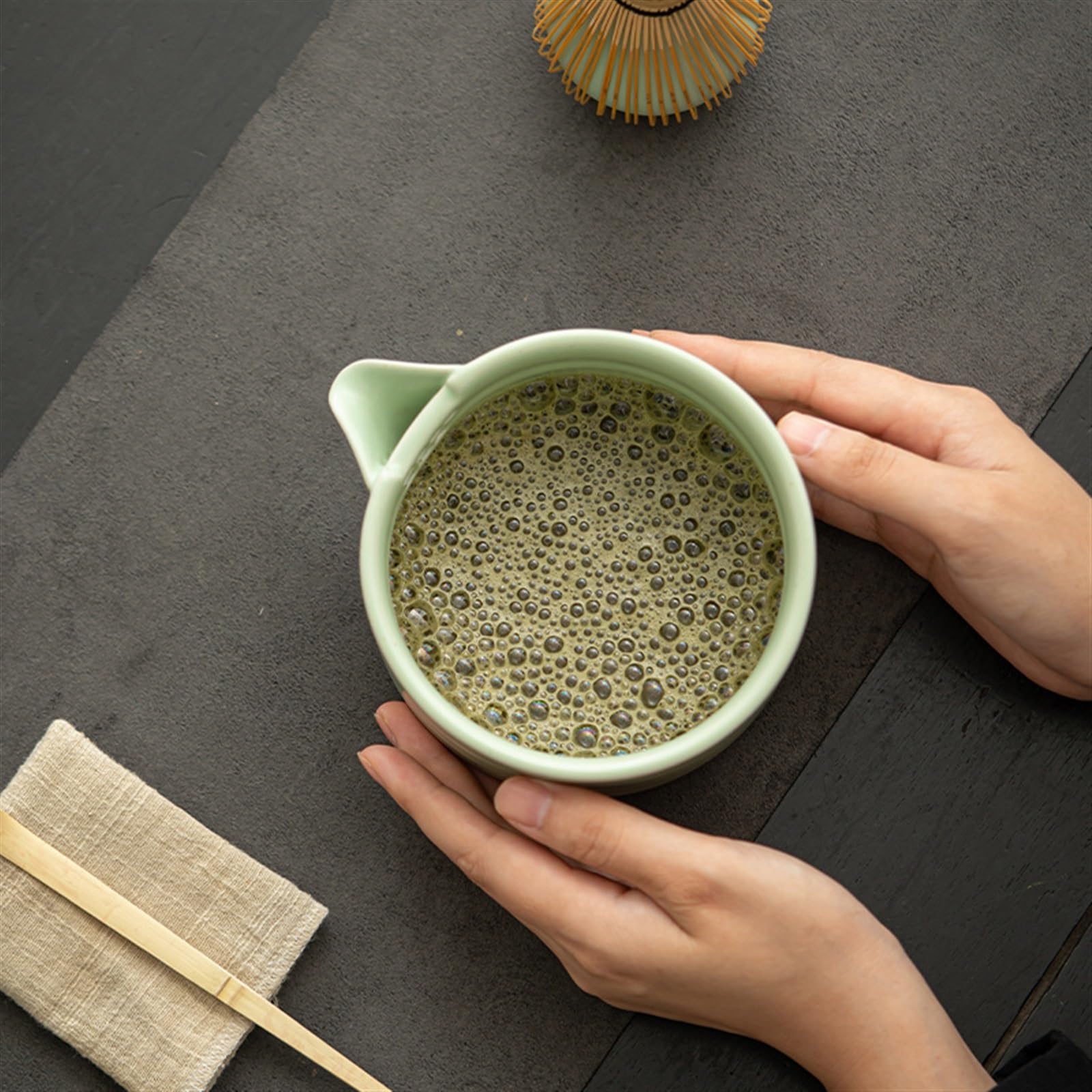 Bambú Te Matcha Kit, Hecho a Mano Cuchara Cerámica Horno Ru Cuenco de Matcha Soporte Japonés Kit de Matcha Juego de 4 Piezas Fiesta del Té Amantes Regalo Imprescindible(Brown)