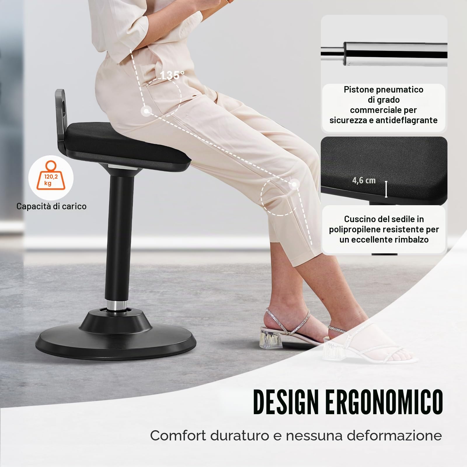 VEVOR Sgabello da Seduta Attiva con Maniglia, Sedia Attiva Carico max. 120kg Altezza Regolabile 62,5-87,5 cm Realizzata in Tessuto Elastico Schiuma, Sgabello Seduta Attiva per Scuole, Ufficio, Casa