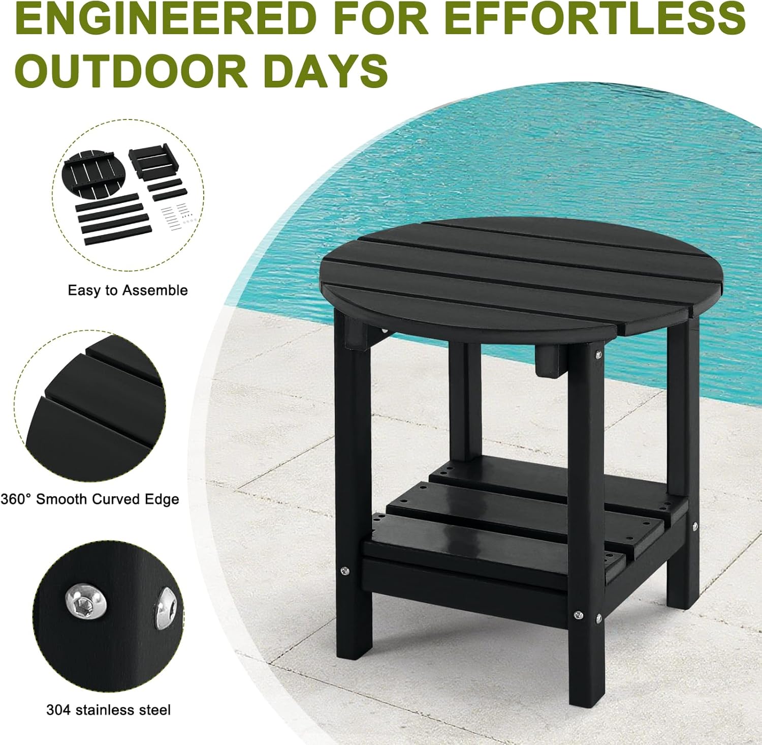 Adirondack Outdoor Side Tables, 2-Tier Round Outdoor Table, Weather Resistant HDPE Patio End Table for Garden, Lawn, Pool, Beach, Porch, Deck, Backyard - Black