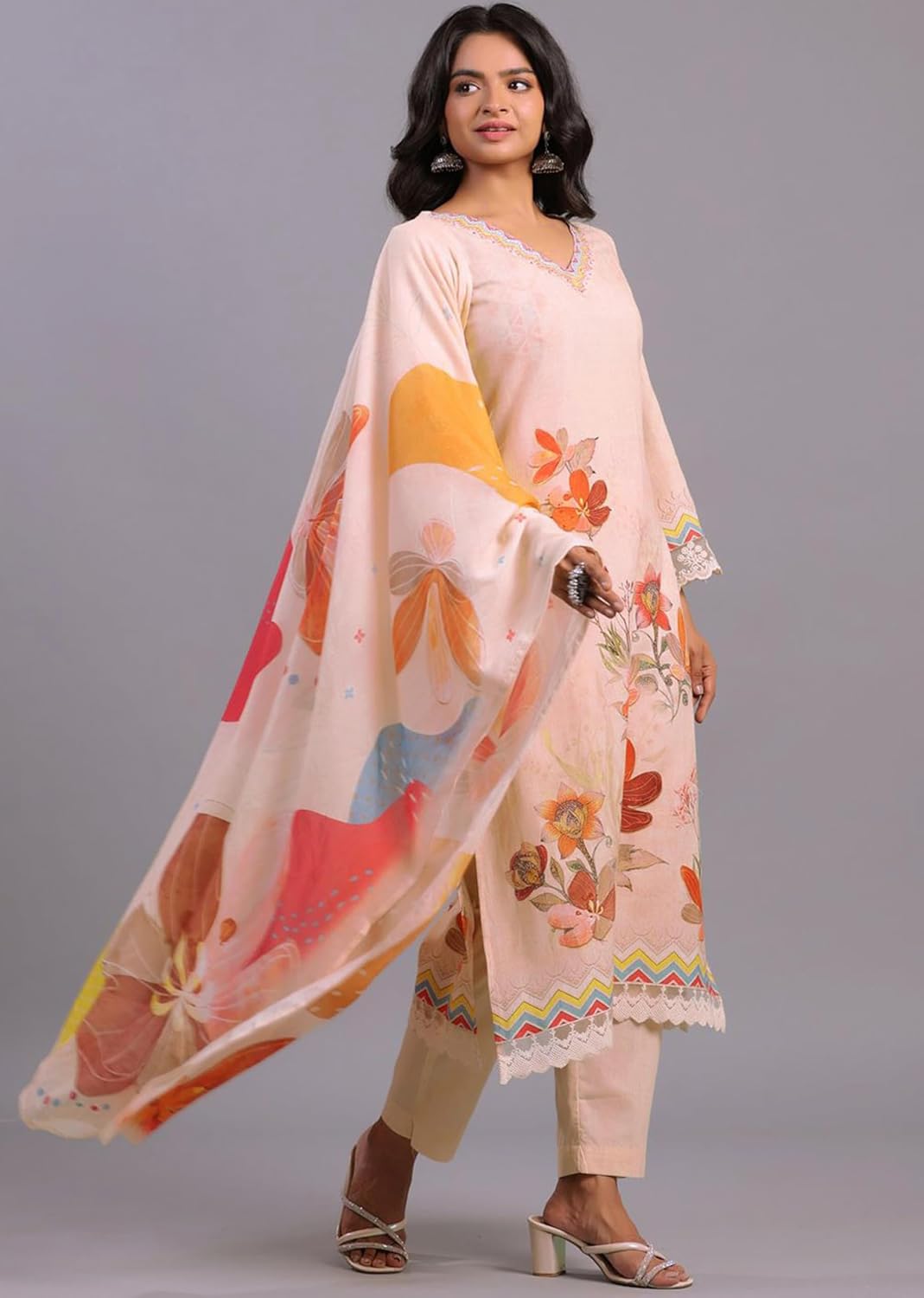 TRENDMALLS Women's Satin Digital Print A line Kurta Pant with Dupatta Set (G351-Peach-XXL)