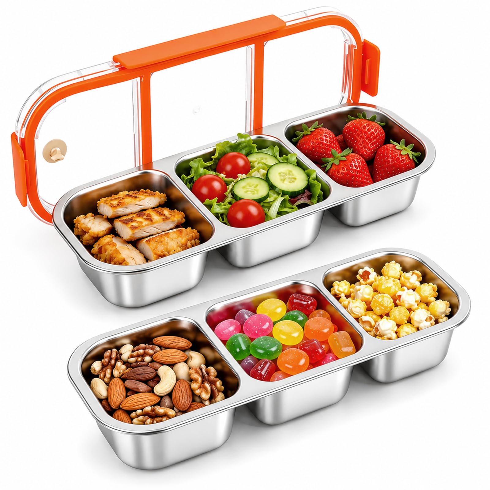 CRROEL 2 Stück Snackbox mit 3 Fächern Edelstahl, Spülmaschinenfest, 600ml Edelstahl Snack-Behälter mit Transparent Kunststoff-Deckel Leckdichte Stapelbar für Sandwiches, Obst,Schule,Arbeit,Camping