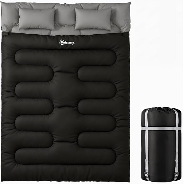 Outsunny Double Sleeping Bag with 2 Pillows, 220 x 160 cm Extra-Large Sleeping Bag for Adults, Detachable into Two Singles or Quilts, for Camping, Hiking - 1