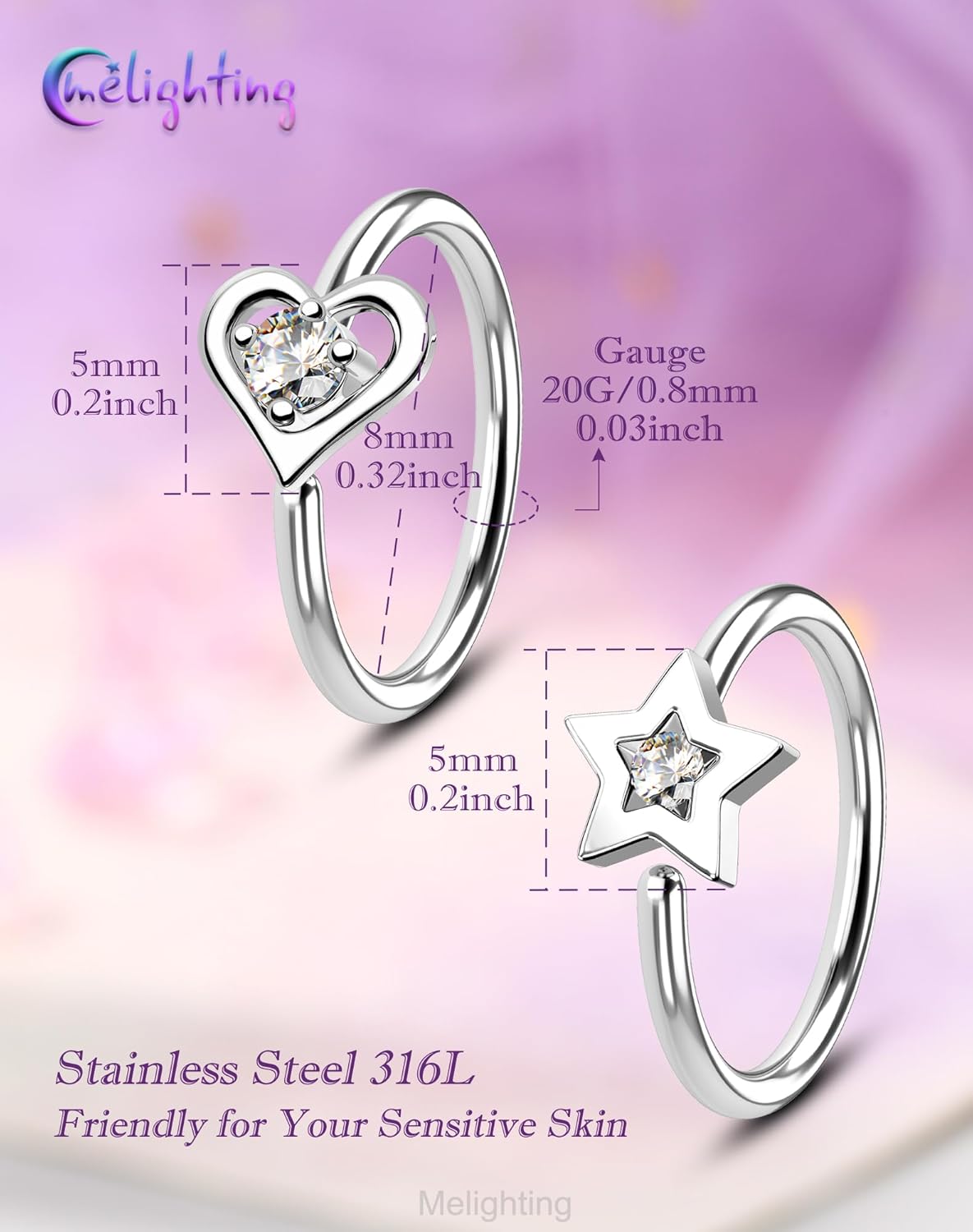 Melighting 20G Nose Rings Hoops Set, 316L Stainless Steel Seamless Open Nose Ring, Heart& Star Cartilage Piercing Clear CZ Helix Earrings Nose Septum Labret Piercing for Women 8 mm - Image 2