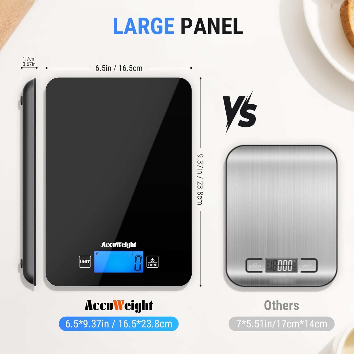 A size comparison image showing the dimensions of the ACCUWEIGHT CK780 scale (6.5 x 9.37 inches) next to a smaller, generic kitchen scale.