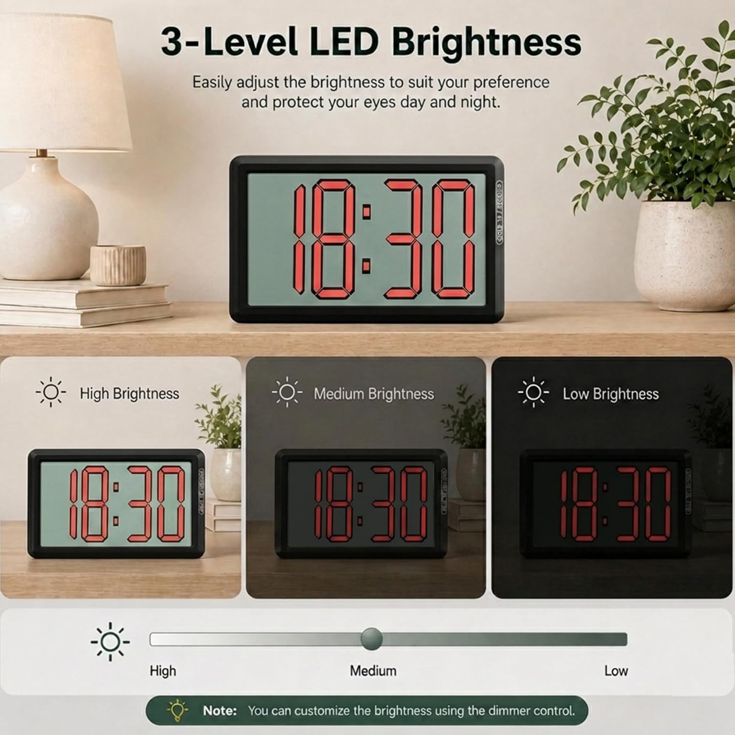 KWANWA Digital Alarm Clock, 3.8-inch Extra Large LED/LCD Digits, Battery or USB Powered, Auto Light Sensor for Day/Night, Wall Clock & Desktop Stand for Seniors, Bedroom, Office, Living Room