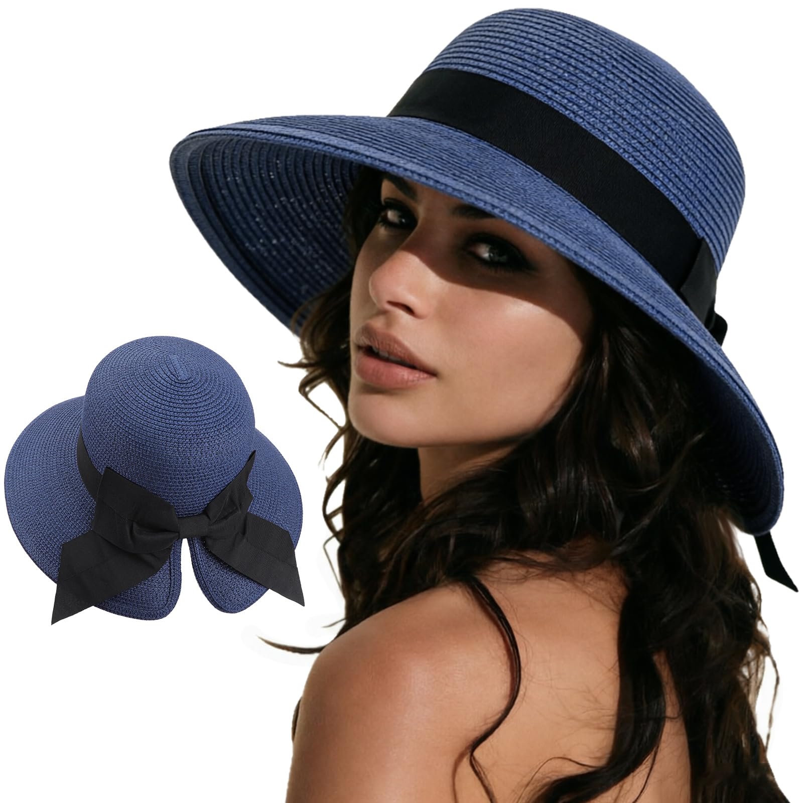 DRESHOW Sun Hats for Women Travel Fedora Foldable Beach Sun Hat Summer Wide Brim Straw Bucket Hat with Bowknot UPF 50+