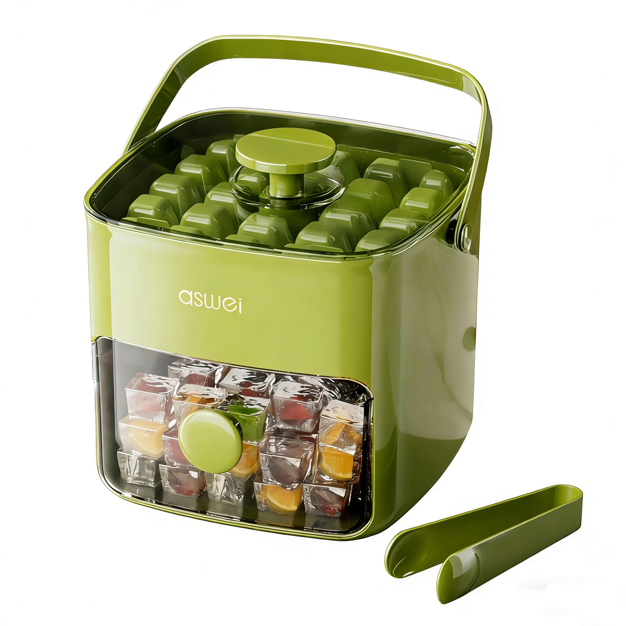 Photo 1 of Compact Ice Cube Tray with Lid and Bin, Mini Press-Type Ice Cube Maker for Freezer, Space-Saving Small Ice Bucket with Tongs for RV, Office, Mini Ice Cube Trays & Water Bottles, BPA-Free (Green)