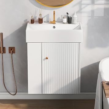22 Vanity with Sink & Countertop, Wall-mounted Modern Single Sink Vanity with 2 Left Side Open Shelves, Floating Bathroom Storage Cabinet with Soft-Close Fluted Door & Gold Metal Handle, White