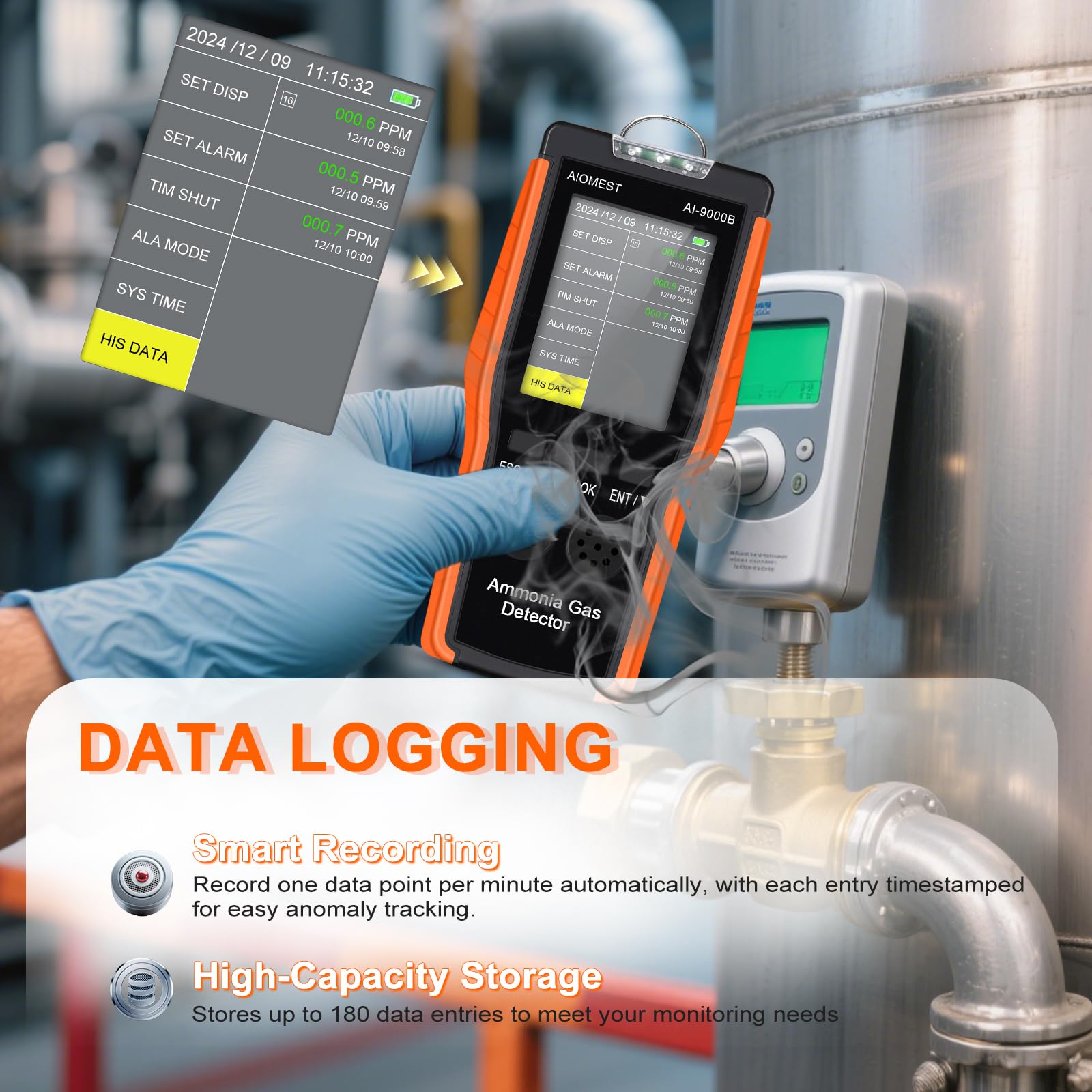 Tragbarer Ammoniak NH3 Gas Detektor - AIOMEST Digitaler Amoniak Messgerät Detect NH3 Air 100PPM Gaswarner, 0.1PPM Präzision, Data Logging, NH3 Sensor​​ AI-9000B für Kühlraum Landwirtschaft Tierstall