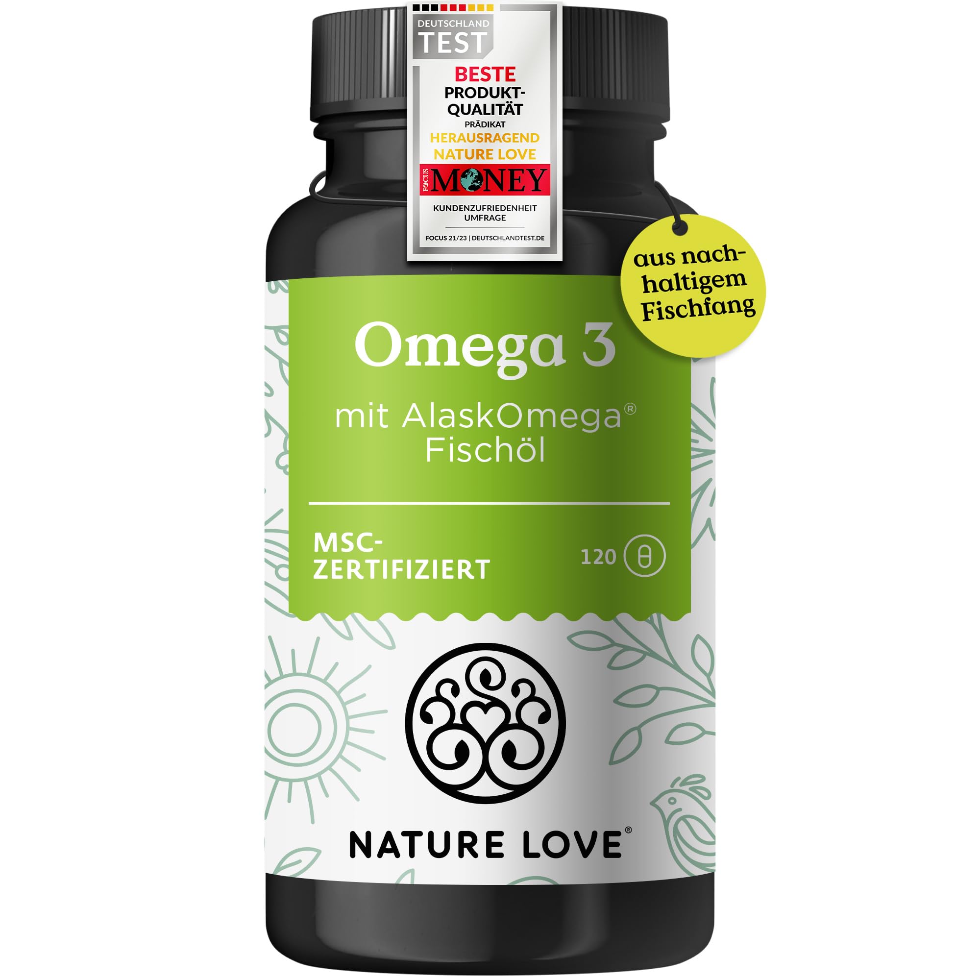 Nature Love Omega 3 - hochdosiert mit 650mg Omega 3 Fettsäuren je Tagesdosis - 120 kleine Kapseln mit Spitzenrohstoff AlaskOmega® (MSC-zertifiziert) - ohne Zusätze in Deutschland produziert