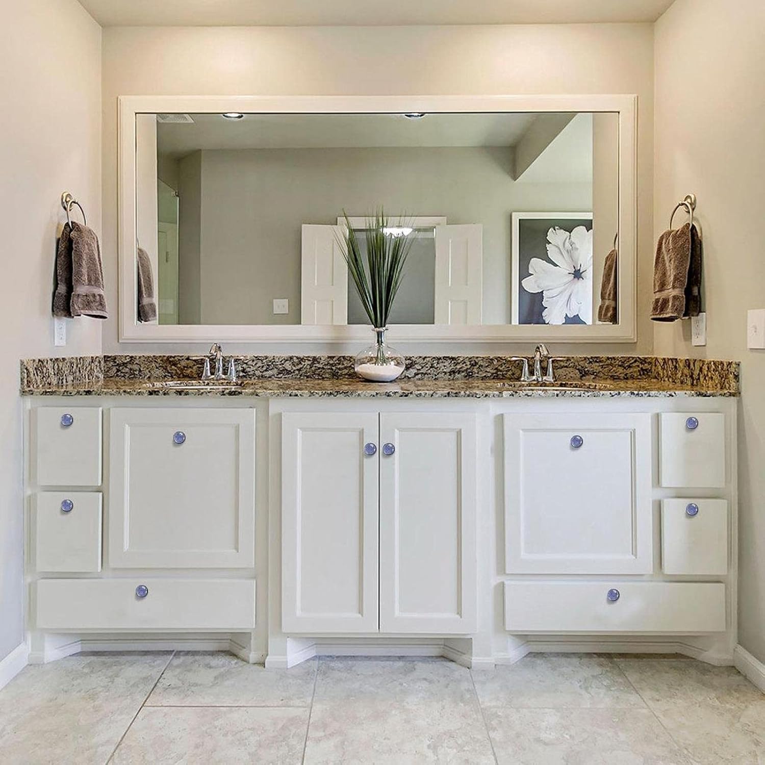 12 Pieces Blue Azulejo Geometric Flower Glass Knobs for Dresser Drawers, 1.37 x 1.10 in Round Kitchen Cabinet Pulls for Home Office Nursery Kids Room