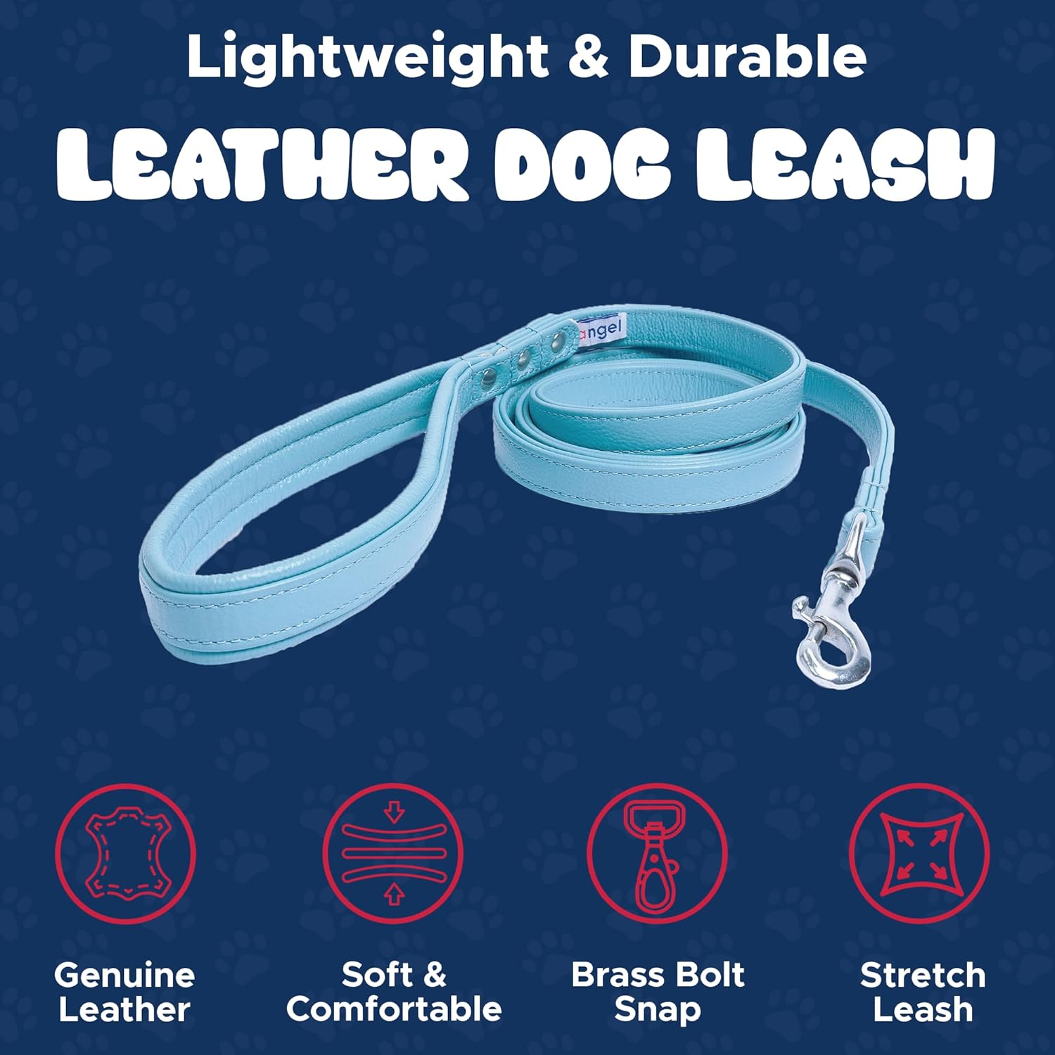 Angel, Alpine Leash, 100% Genuine Leather, Padded Handle, Brass Snap Hook, Double Ply, Soft and Durable (Baby Blue, 72” x 1”)