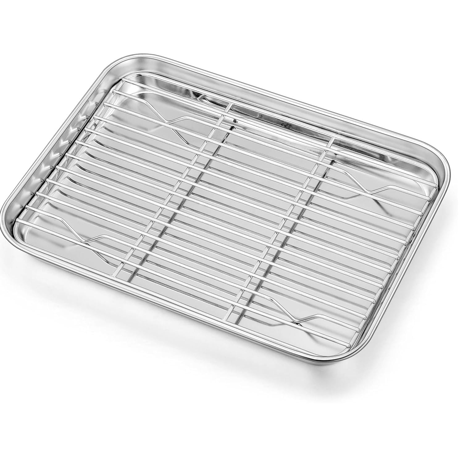 Crega Stainless Steel Tray with Cooling Rack Set | Heavy Duty Roasting Pan with Wire Rack | Oven Safe Baking Sheet for Cookies, Cake, Pizza, Chicken, Fish, Air Fryer, Cooling-image-2