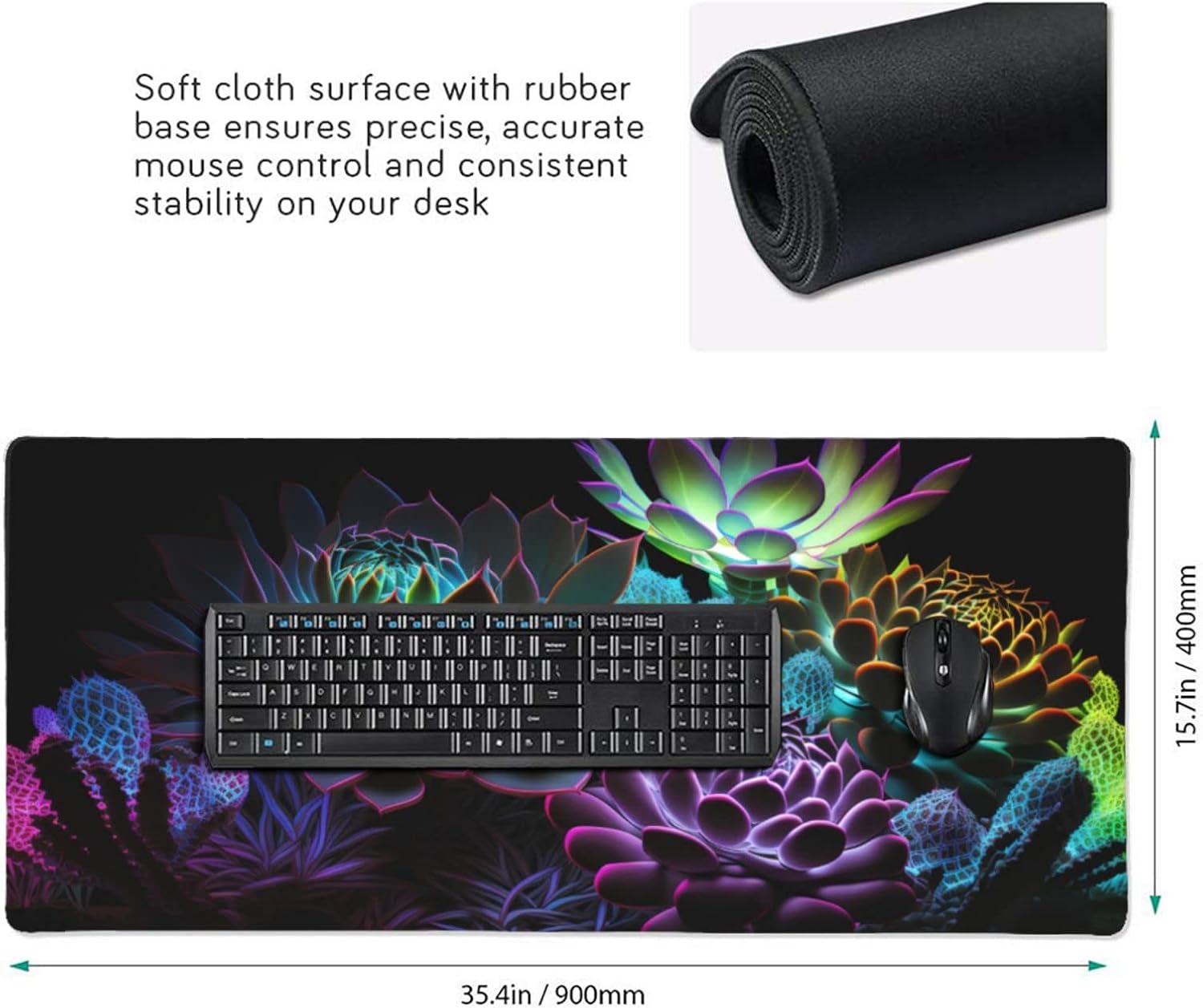 Gaming Mouse Pad,Large Mouse Pads for Desk,Non-Slip Rubber Base Extended Mousepad,XXL Keyboard Mouse Mat,Computer Keyboard Desk Pad with Stitched Edges,35.4x15.8inch,Succulent Plants - Image 2