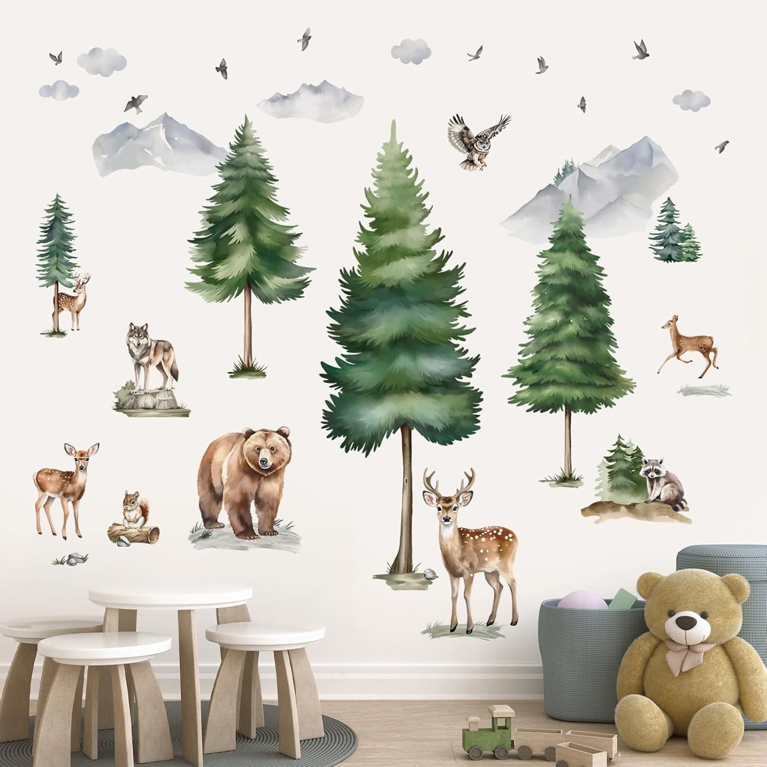 wondever Mountain Tree Wall Stickers Large Pine Tree Forest Animal Bear Fox Peel and Stick Wall Art Decals for Kids Room Baby Nursery Bedroom