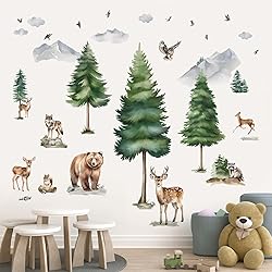 wondever Large Mountain Tree Wall Stickers Pine Tree Woodland Animal Deer Bear Peel and Stick Wall Art Decals for Kids Room Baby Nursery Bedroom