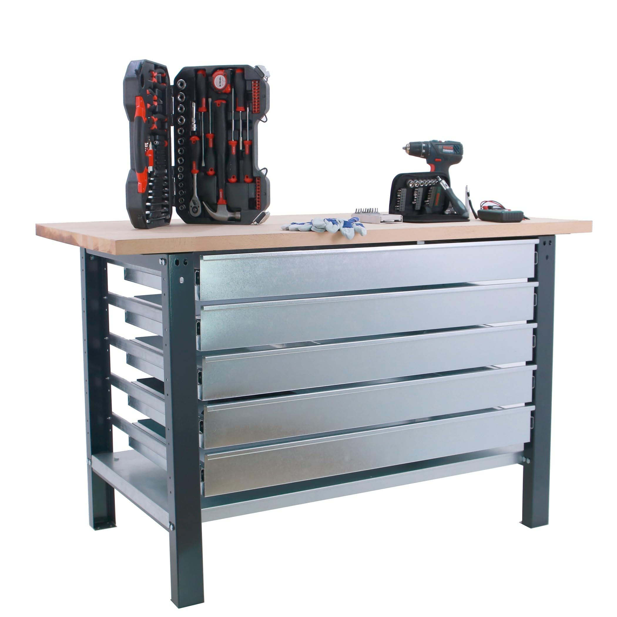 SimonRack Banco de Trabajo Taller, Capacidad Carga 1000 kg, 865x1200x750 mm, Mesa de Trabajo, 5 Cajones, Antracita/Haya - BT6 PRO | Tablero Madera Alistonada 32 mm, Capacidad Carga 1000 kg, Madera Haya, Antracita , Pintura anticorrosión