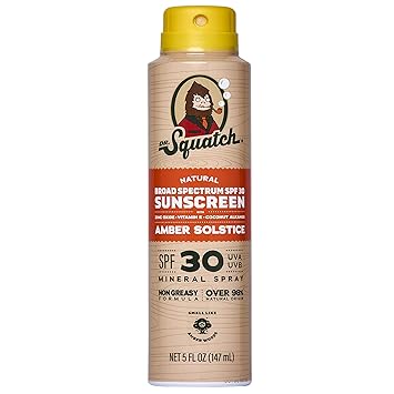 Dr Squatch Mens Sunscreen Spray Mineral Sunscreen for Face and Body, SPF 30, Broad Spectrum UVA/UVB Protection Zinc Oxide, Lightweight Non-Greasy Formula Amber Solstice 5 fl oz