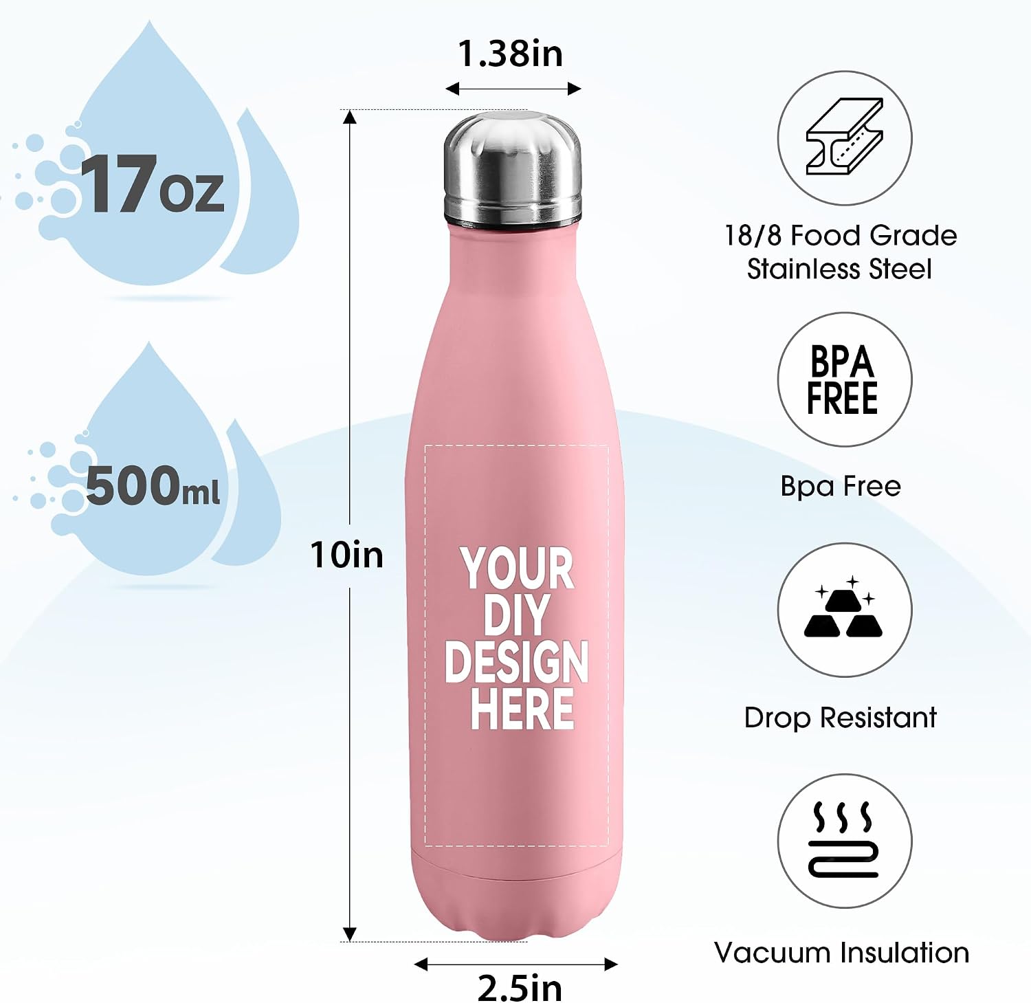 Personalized Custom 17oz Water Bottle, Stainless Steel Insulated Double Wall Vacuum Water Bottle Leak-Proof Cups for Sports & Travel (Pink, 1 pack)