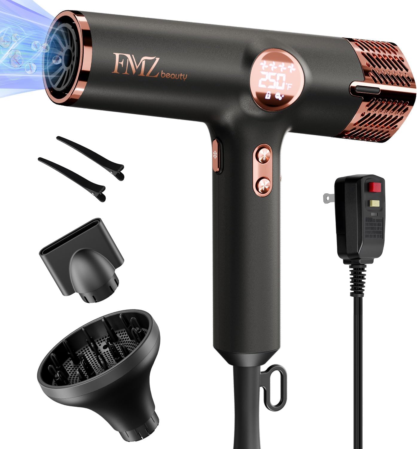 FMZ Professional Ionic Hair Blow Dryer Smart Display with Diffuser, 1875W High Speed Powerful BLDC Motor for Fast Drying, Mini Portable Lightweight Quiet, Curly Hairdryer for Men Women Salon Travel