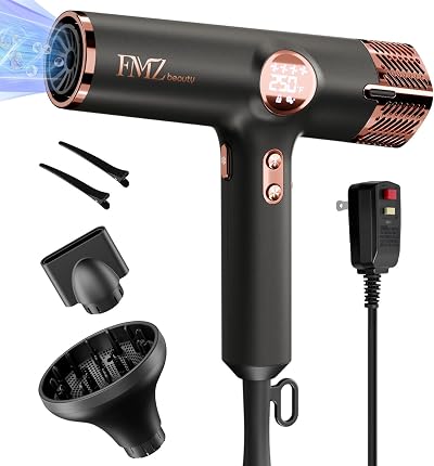 FMZ Professional Ionic Hair Blow Dryer Smart Display with Diffuser, 1875W High Speed Powerful BLDC Motor for Fast Drying, Mini Portable Lightweight Quiet, Curly Hairdryer for Men Women Salon Travel