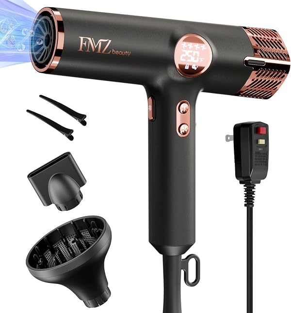 FMZ Professional Ionic Hair Blow Dryer Smart Display with Diffuser, 1875W High Speed Powerful BLDC Motor for Fast Drying, Mini Portable Lightweight Quiet, Curly Hairdryer for Men Women Salon Travel
