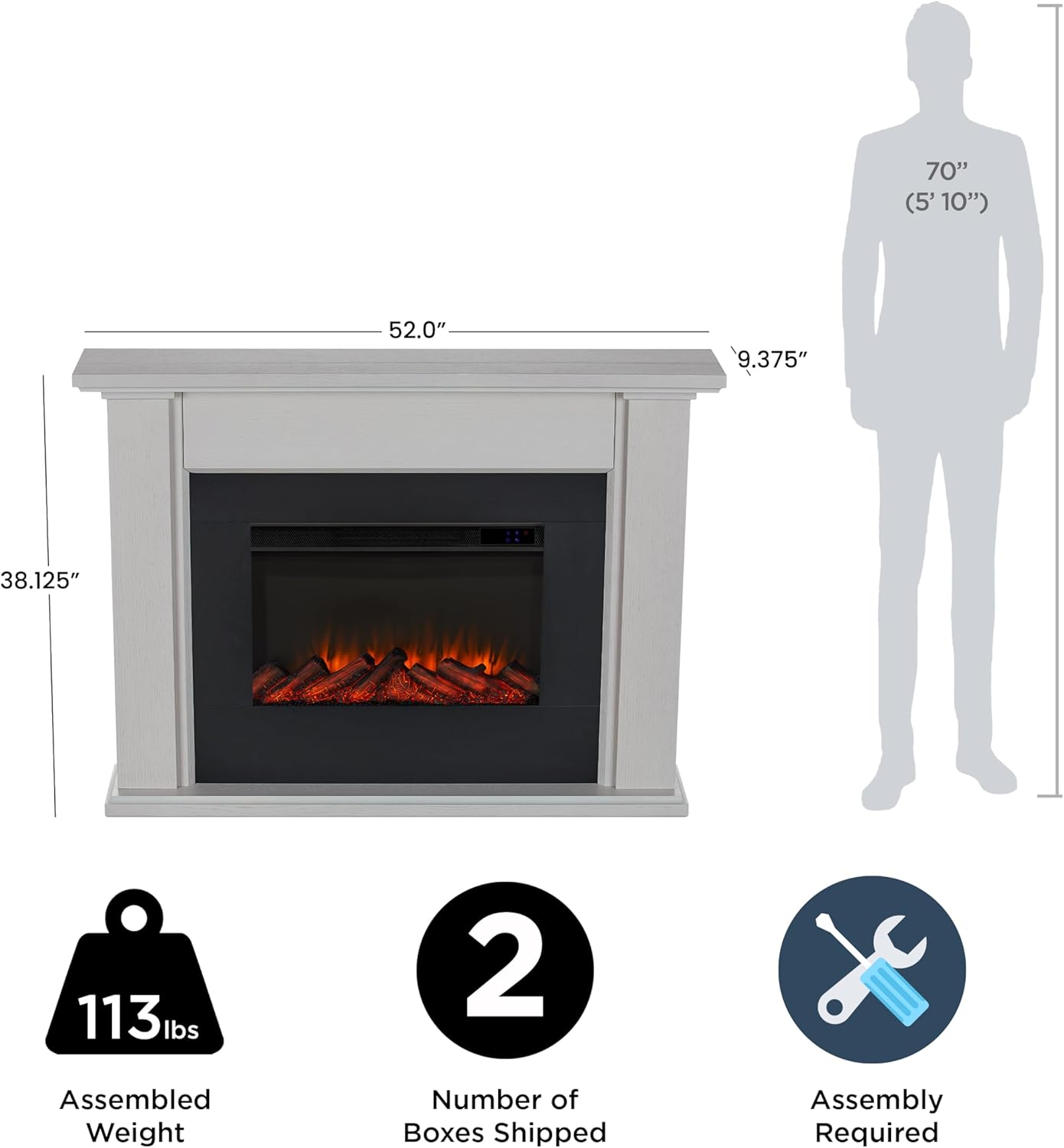 Real Flame Tejon 52" Slim Electric Fireplace with Mantel for Living Room or Bedroom, Replaceable Fireplace Insert Heater, Realistic Log and Flame Effect, Remote Control, Timer