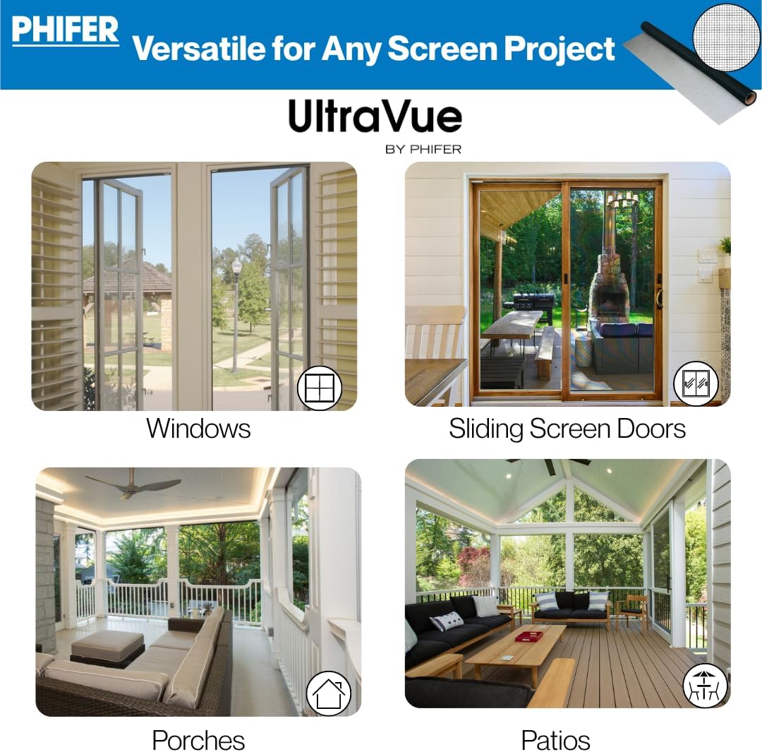 Phifer UltraVue2 High-Visibility Screen Mesh Roll for Window, Porch, Patio Door (36 in x 100 ft) - Nearly Invisible Window Screen Replacement - Patio Screen Mesh Porch Screening Rolls, Black