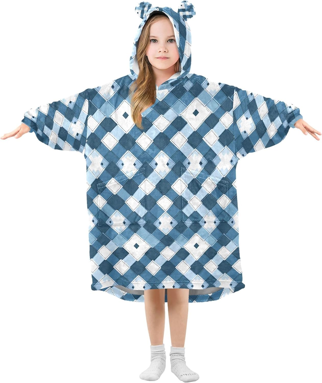 Buffalo Check Plaid Kids Wearable Blanket Hoodie with Pocket and Sleeves for Toddlers, Cute Hoodies Girls B0403961