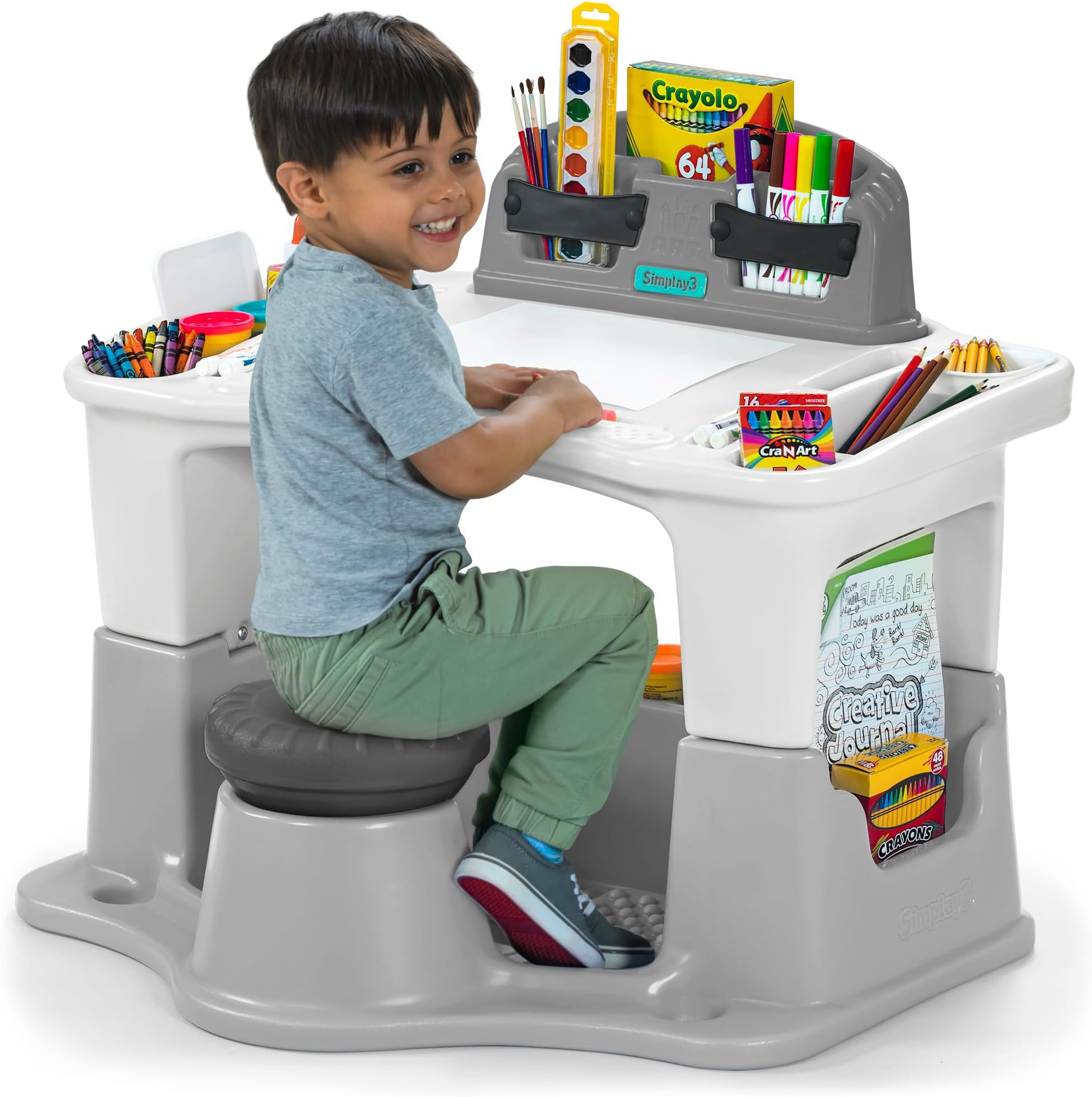 Creative Kids Art Desk Table and Chair Set with Attached Desk Chair, Full Floor and Art Storage