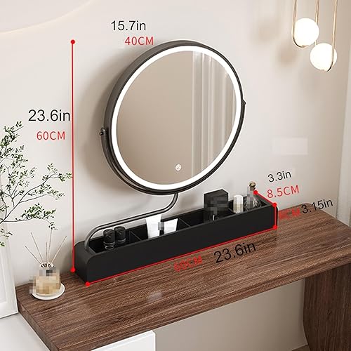 Miniatura 5 de GOYUXV Espejo de maquillaje inteligente de madera maciza, espejo de tocador LED giratorio, espejo grande de escritorio, caja de almacenamiento de