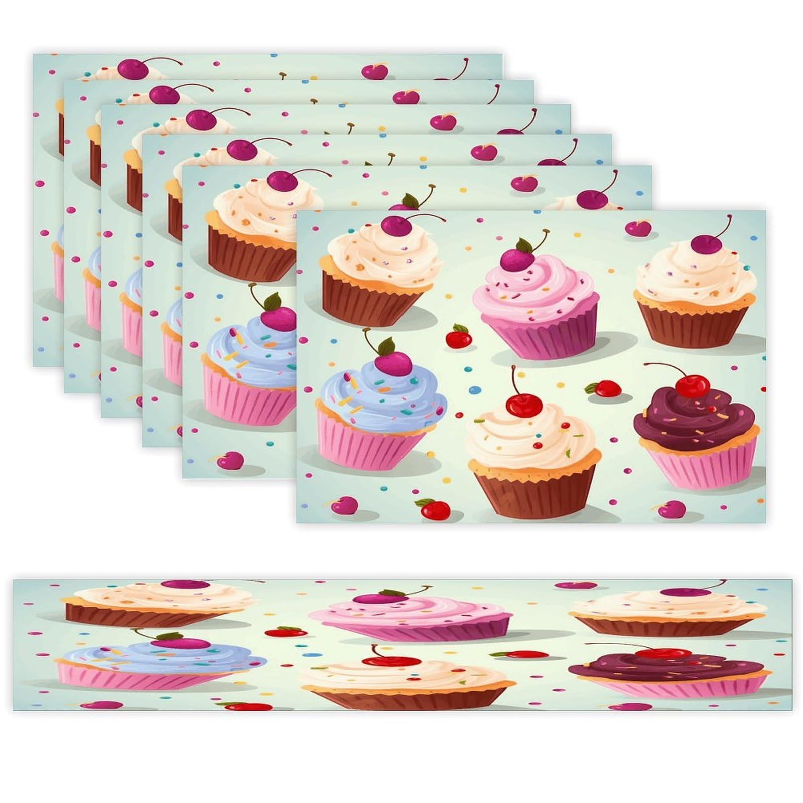 Delicious Cupcakes Table Runner and Placemats Set of 6 for Kitchen Washable Table Mats Heat Resistant Place Mats Non-Slip Place Mat Wipeable Placemat(6 Placemats+1 Table Runner)