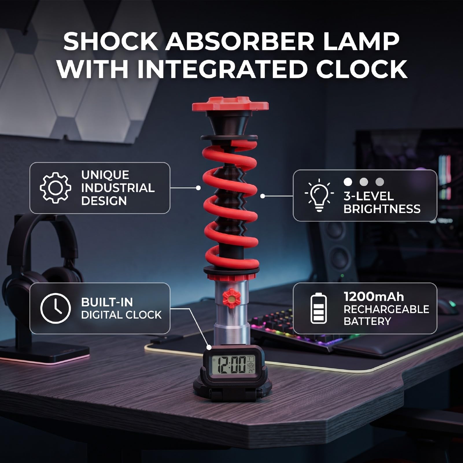 Lampada da Tavolo con Ammortizzatore Stampato in 3D | 3 Livelli di luminosità, Finitura Rossa in Stile Industriale, Interruttore Tattile Che Illumina gli Occhi, per L'arredamento