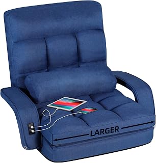 STHOUYN Comfy Bedroom Chair with 2 USB Charging Ports, 5-Position Floor Couch Gaming Chairs for Adults, Lounge Chair Indoor Folding Lazy Sofa Meditation Arm Dorm Chair Living Room (Navy Blue)