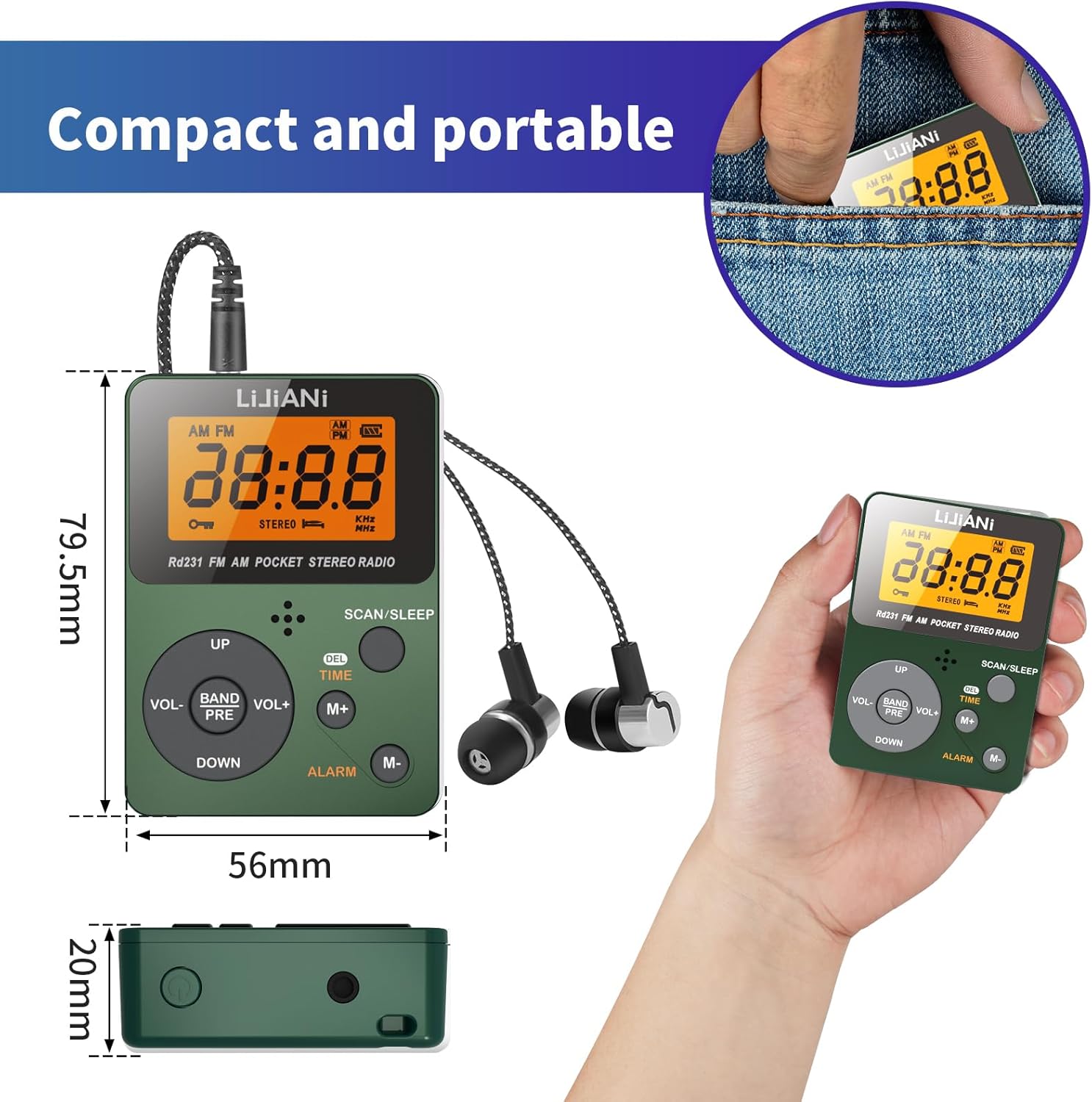 LIJIANI SH-01 radio dimensions comparison with credit card