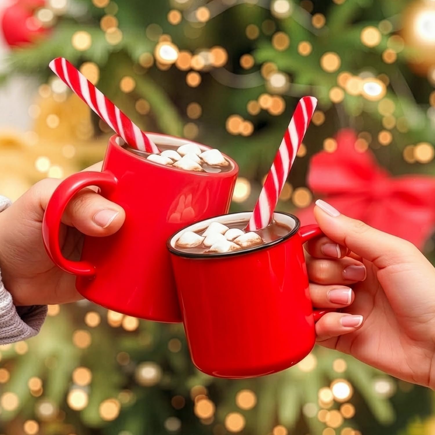 Christmas Hot Chocolate Bombs & Peppermint Candy Cane Spoons Combo - Pack Of 6 Marshmallow Filled Cocoa Bombs & 6 Dye-Free Peppermint Spoons, Individually Wrapped Holiday Hot Chocolate Gift Set