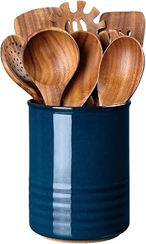ABRUTY Utensil Holder, 6.7" Ceramic Kitchen Utensil Crock for Countertop Cooking, Modern Utensil Caddy Jar Organizer for Farmhouse Kitchen Counter Decor, Flambe Blue